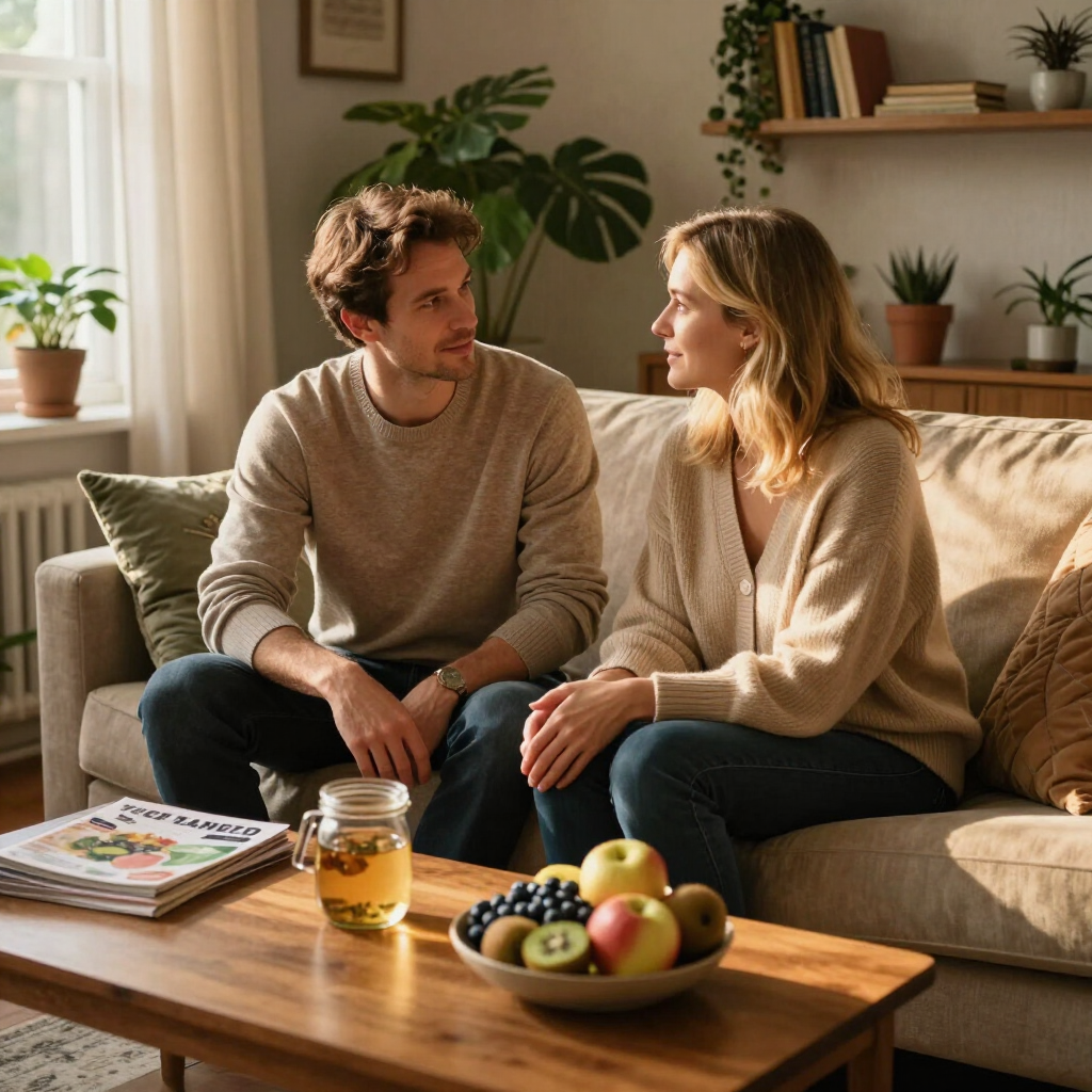 Twee mensen zitten op een bank te praten in een gezellige, zonnige woonkamer met een salontafel en een fruitschaal.