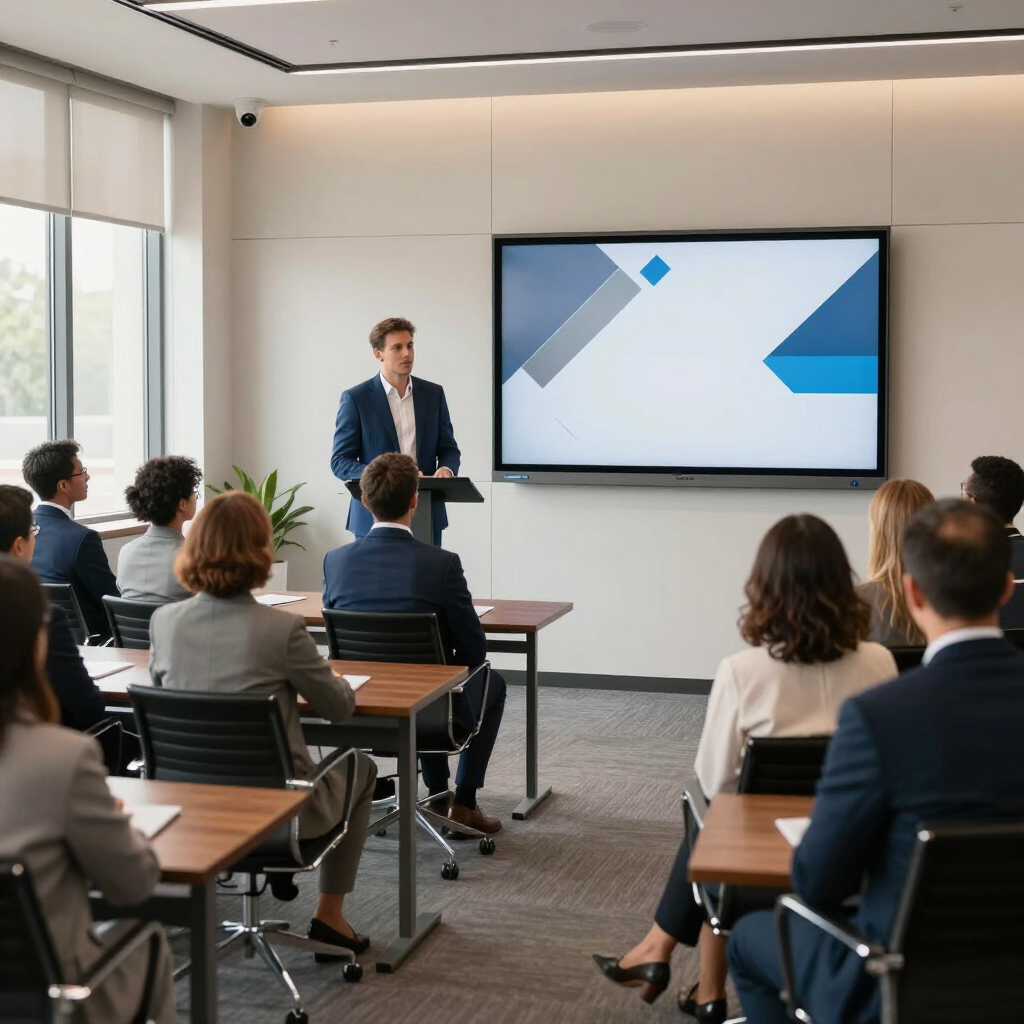 Een spreker spreekt tot een zittend publiek in een moderne vergaderzaal, met een groot presentatiescherm achter hem.