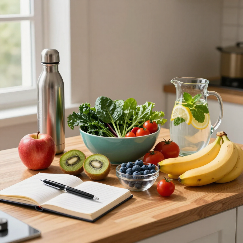 Gezonde ontbijtproducten op de keukentafel: fruit, salade, citroenwater, notitieboekje en een metalen fles.