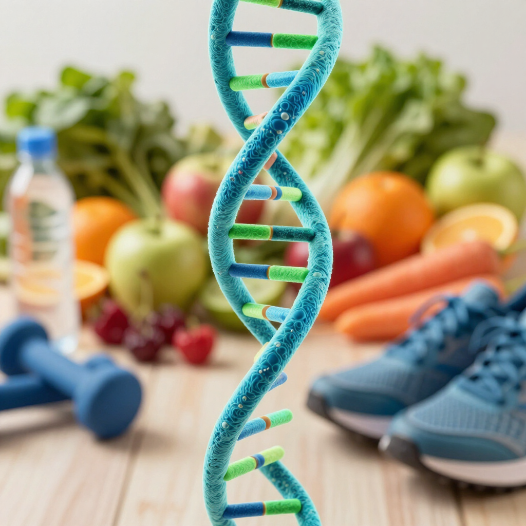 Blauwe DNA-helix in het midden, met verse vruchten, groenten, halters en hardloopschoenen op de achtergrond.