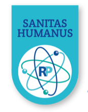 Het turquoise Sanitas Humanus-logo met een wit atoomsymbool en