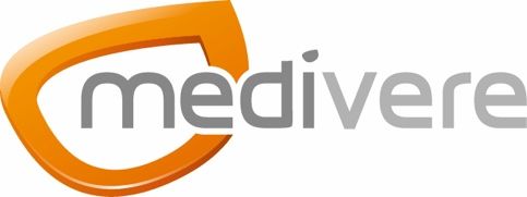 Het Medivere-logo in grijs en oranje met een gebogen oranje lijn rond de tekst.