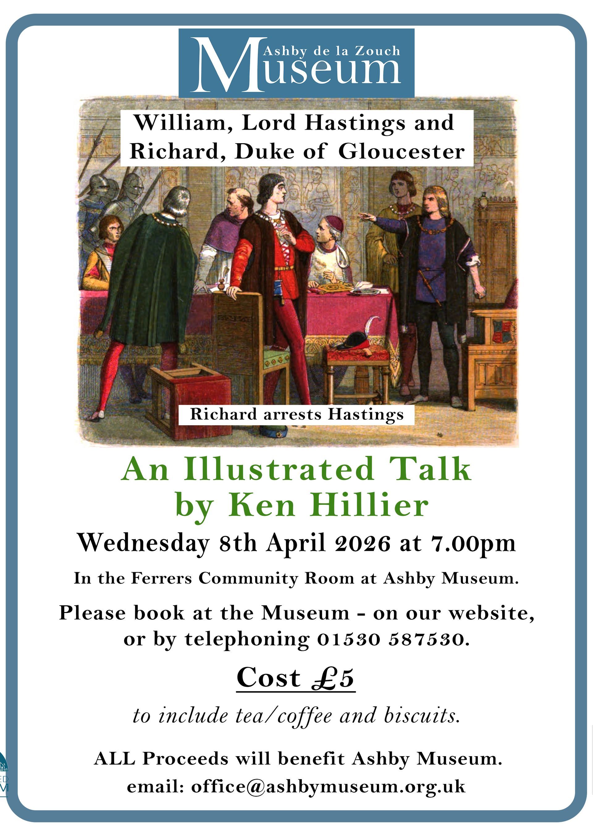Museum talk poster for “William, Lord Hastings, and His Head, Duke of Gloucester” by Ken Hillier