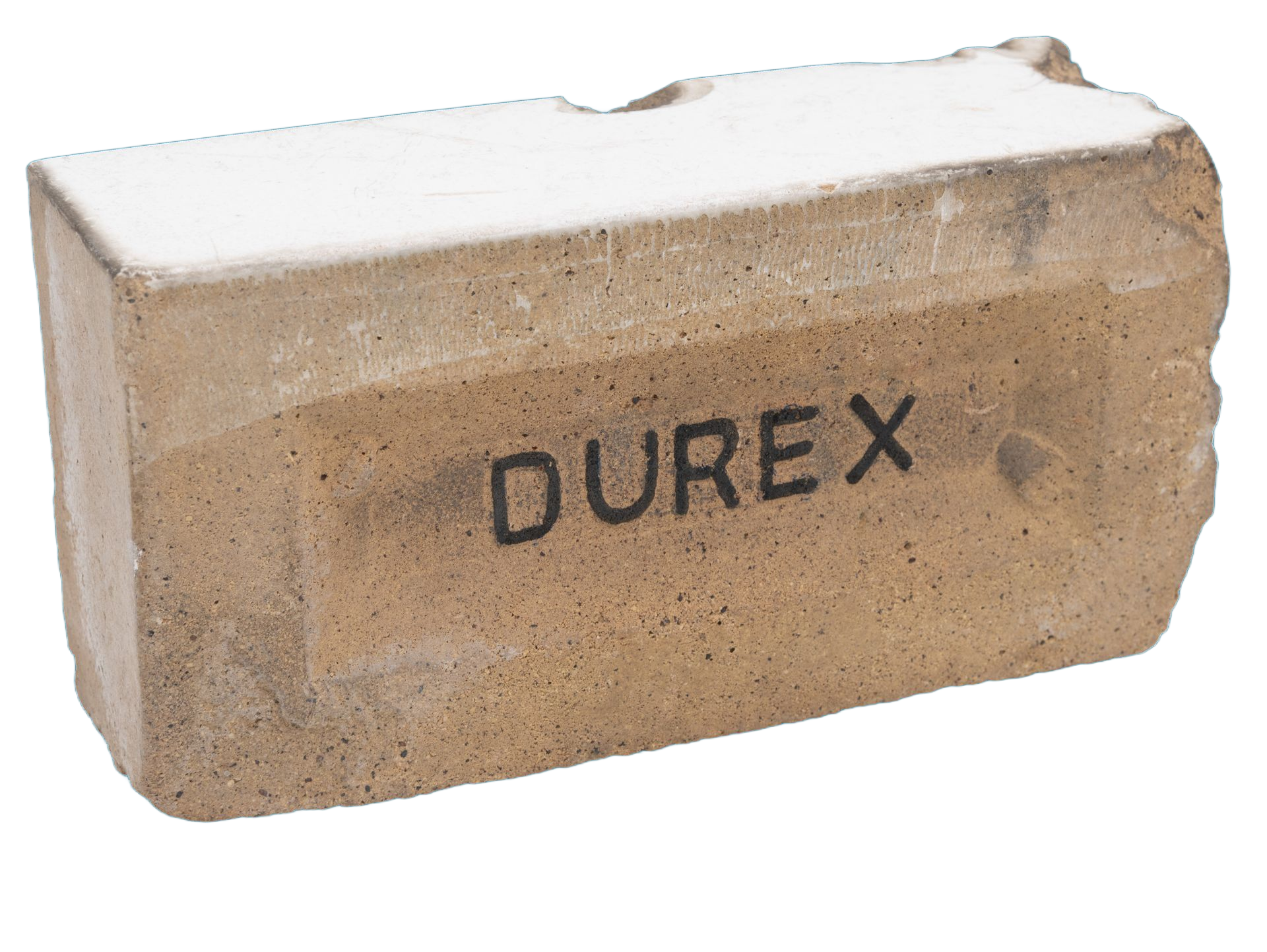 Red brick with the word 'Durex' carved in