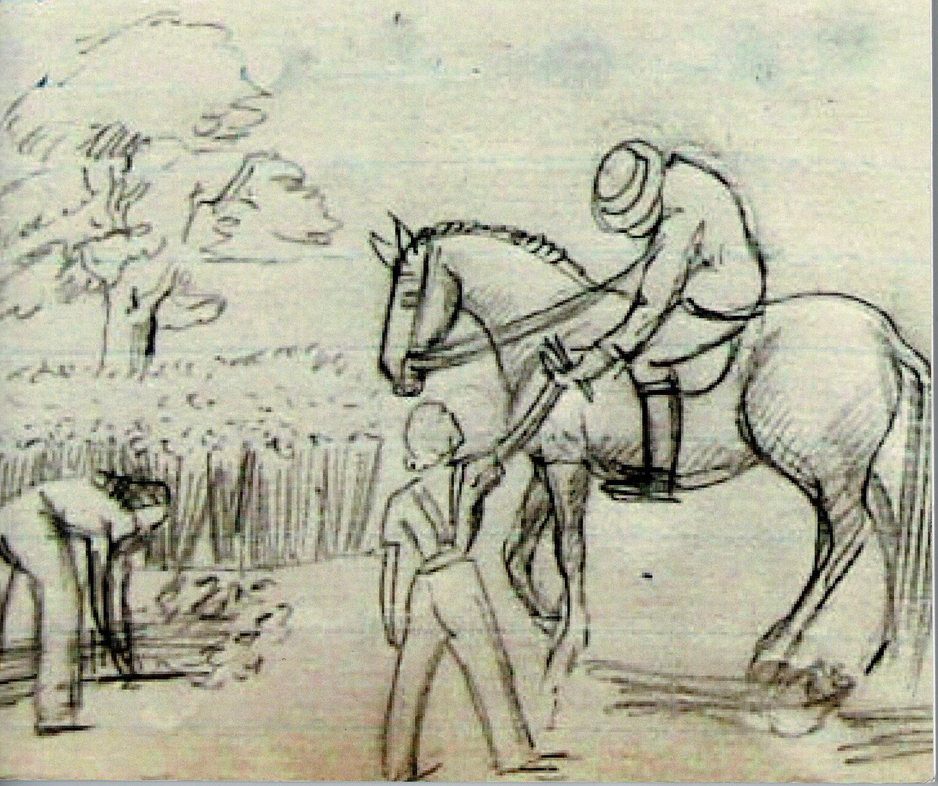 Man on horse, child and man by field; sketch.