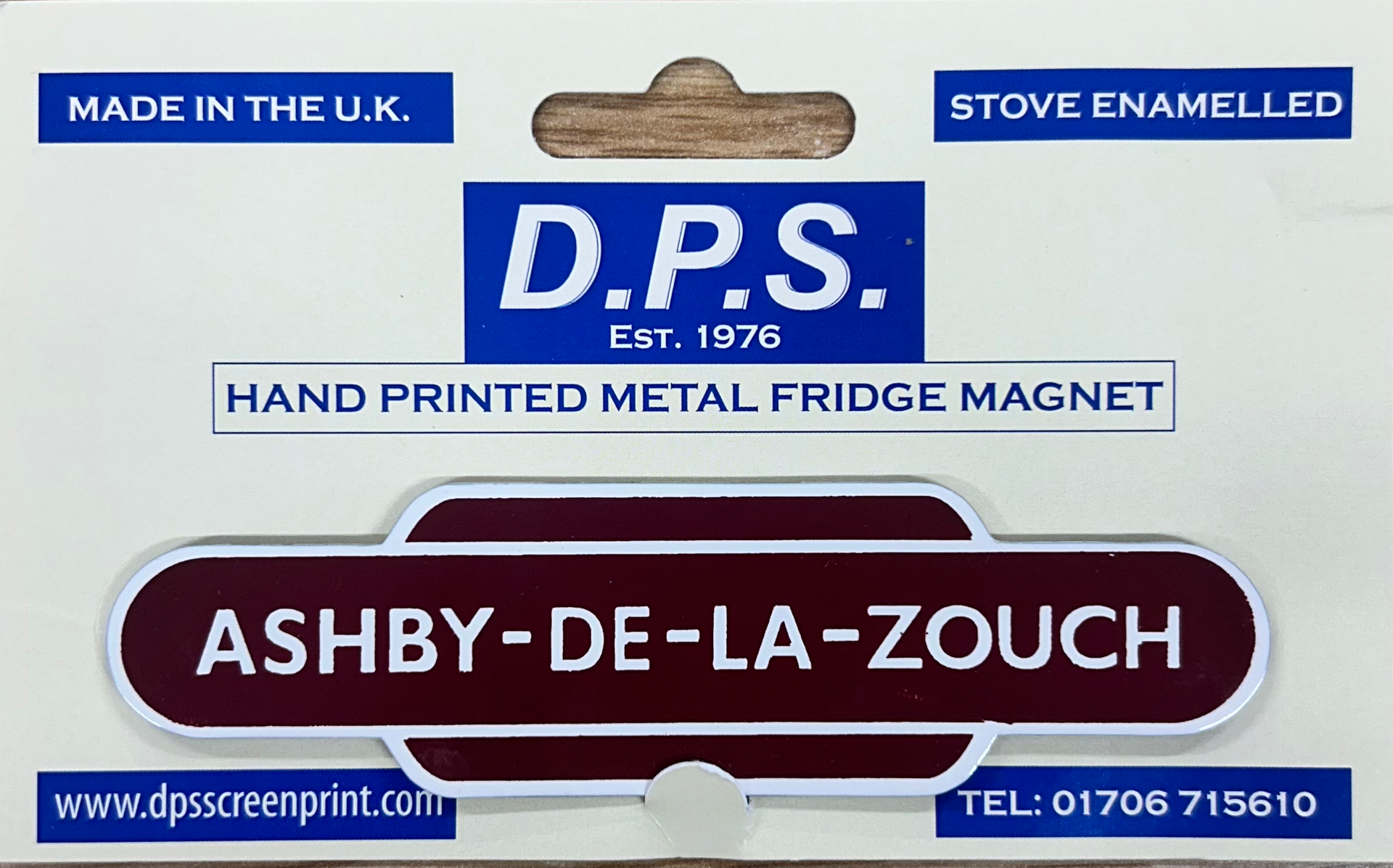 Ashby-de-la-Zouch printed metal fridge magnet. Maroon with white text.