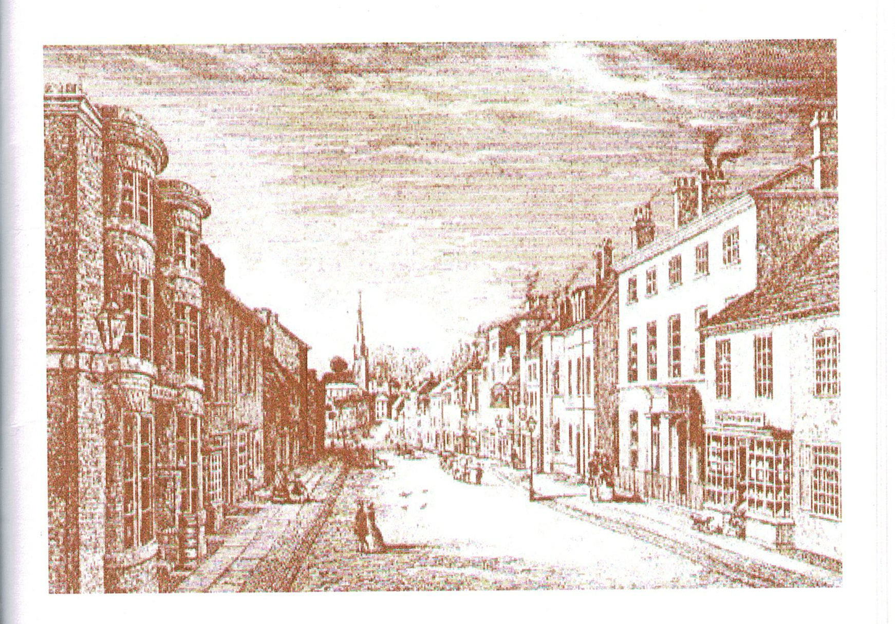 Illustration of a street with buildings, people walking, and a church steeple in the distance; sepia tone.