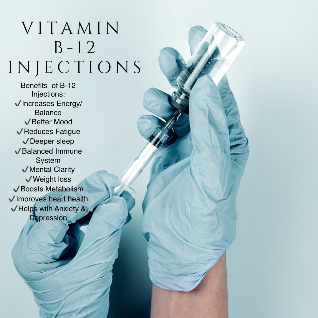 Gloved hands holding a vitamin B-12 injection vial and syringe with benefits text on a blue background