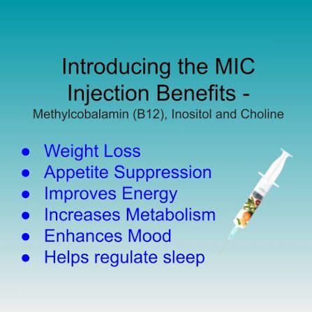 MIC injection benefits text on blue background with syringe: weight loss, appetite suppression, energy, metabolism, mood, sleep
