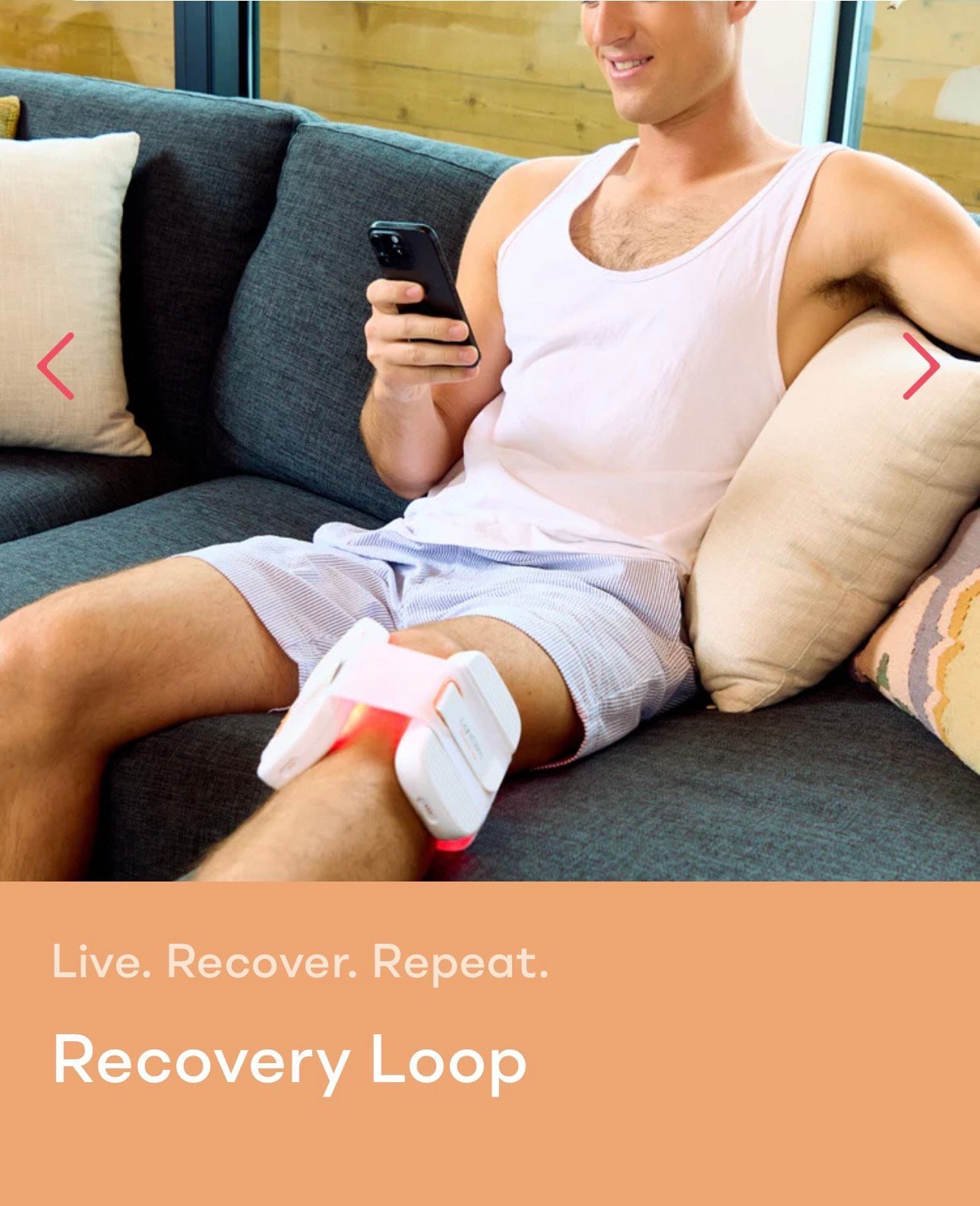 Man relaxing on a couch with a knee recovery brace, holding a phone; “Recovery Loop” text below