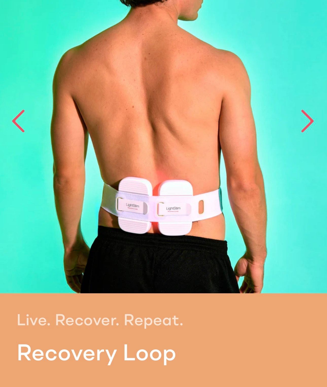 Person wearing a white back recovery brace against a turquoise background, with “Recovery Loop” text below.