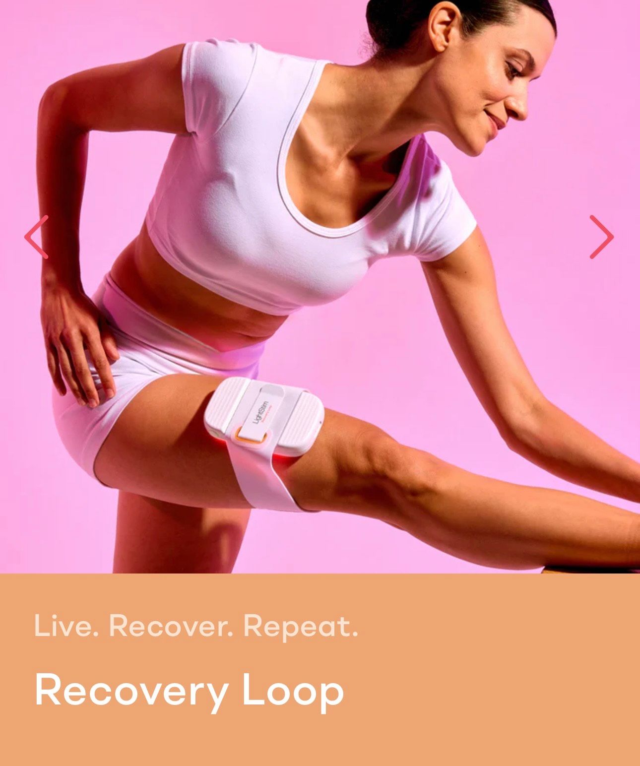 Woman stretching leg with white recovery device on pink background; text reads “Live. Recover. Repeat. Recovery Loop”