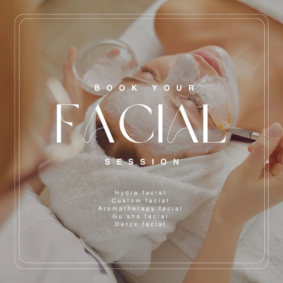 Book your facial session, featuring a spa facial with a glass cup on a soft beige background.