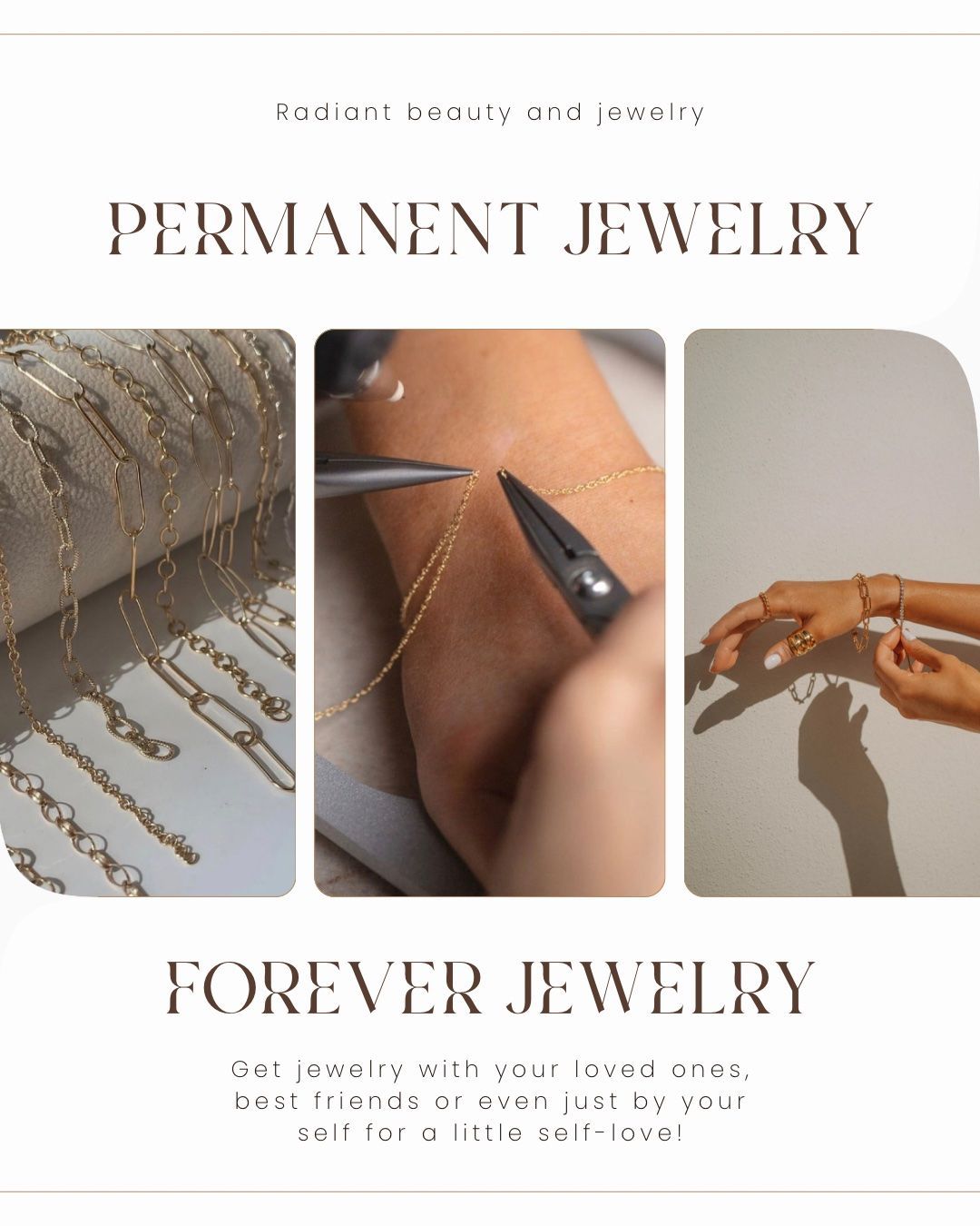 Permanent jewelry collage with gold bracelets, clasping tool, and hands wearing chain bracelets