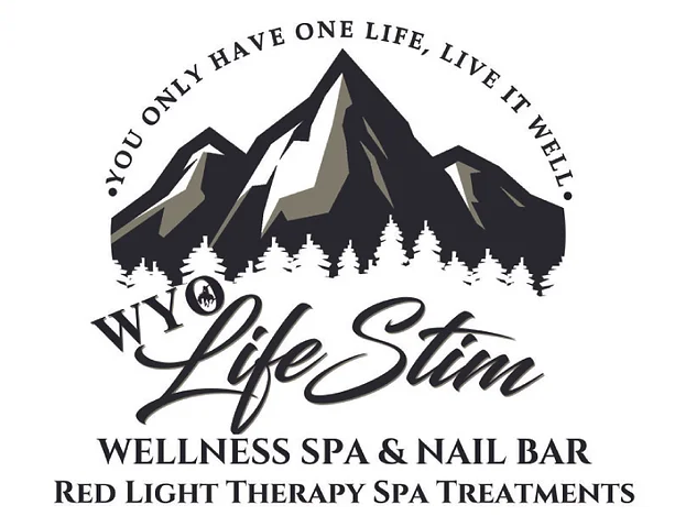 Logo for "Wyo Life Stim" wellness spa with mountain, text, and spa services listed.