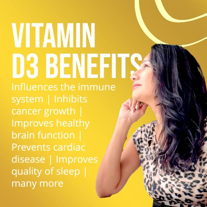 Vitamin D3 benefits text on yellow background with woman looking up thoughtfully