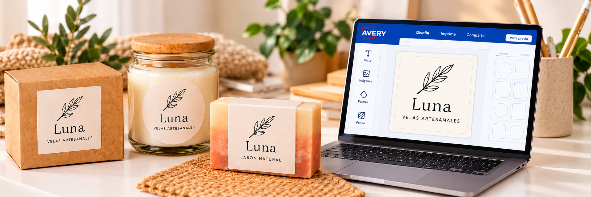 Productos artesanales con etiquetas personalizadas, computador con la herramienta de diseño de Avery