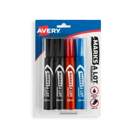 Un paquete de marcadores Avery en negro, rojo y azul.