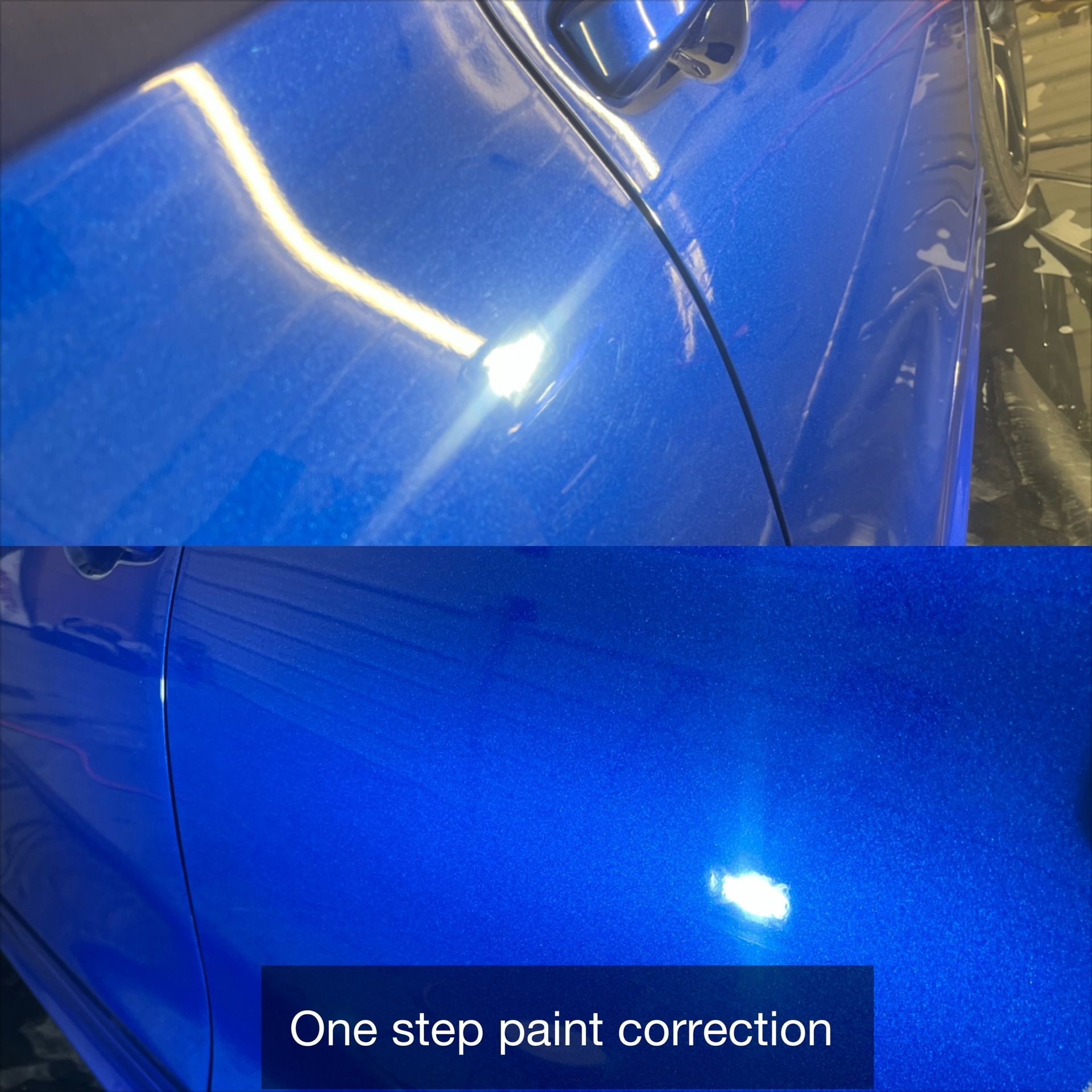 Blue car body panel after one-step paint correction, showing glossy reflections and a before-and-after split