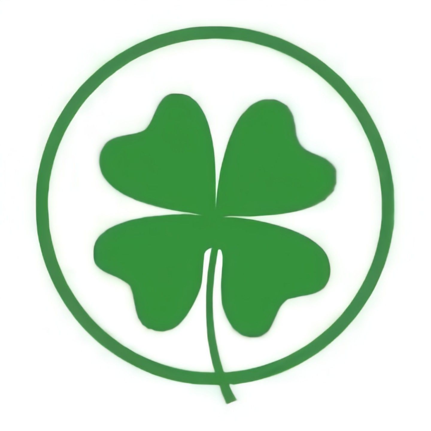 A green four leaf clover in a green circle on a white background