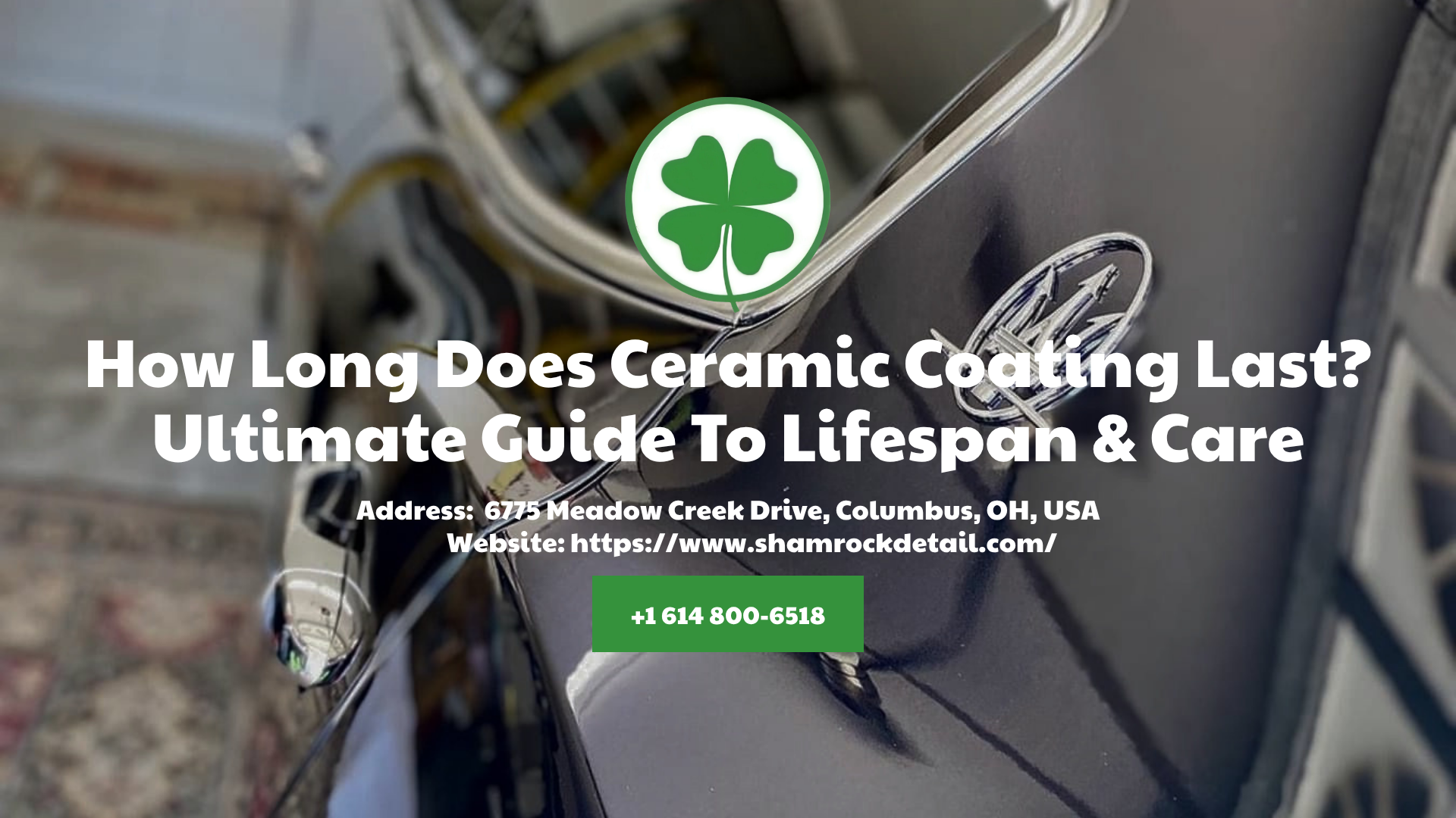 Ceramic coating promo banner with green logo, car silhouette, and bold white text on a dark background