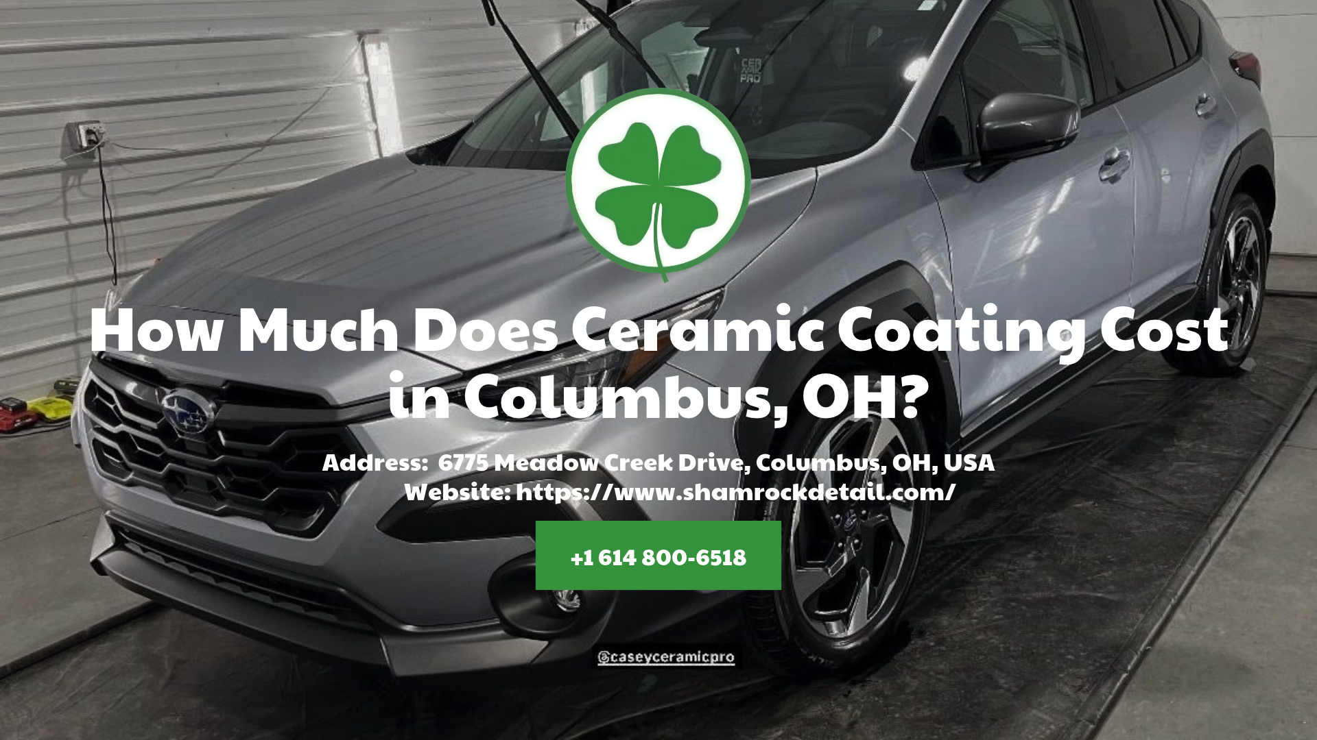 Car detailing ad showing a gray car in a garage with “How Much Does Ceramic Coating Cost in Columbus, OH?”