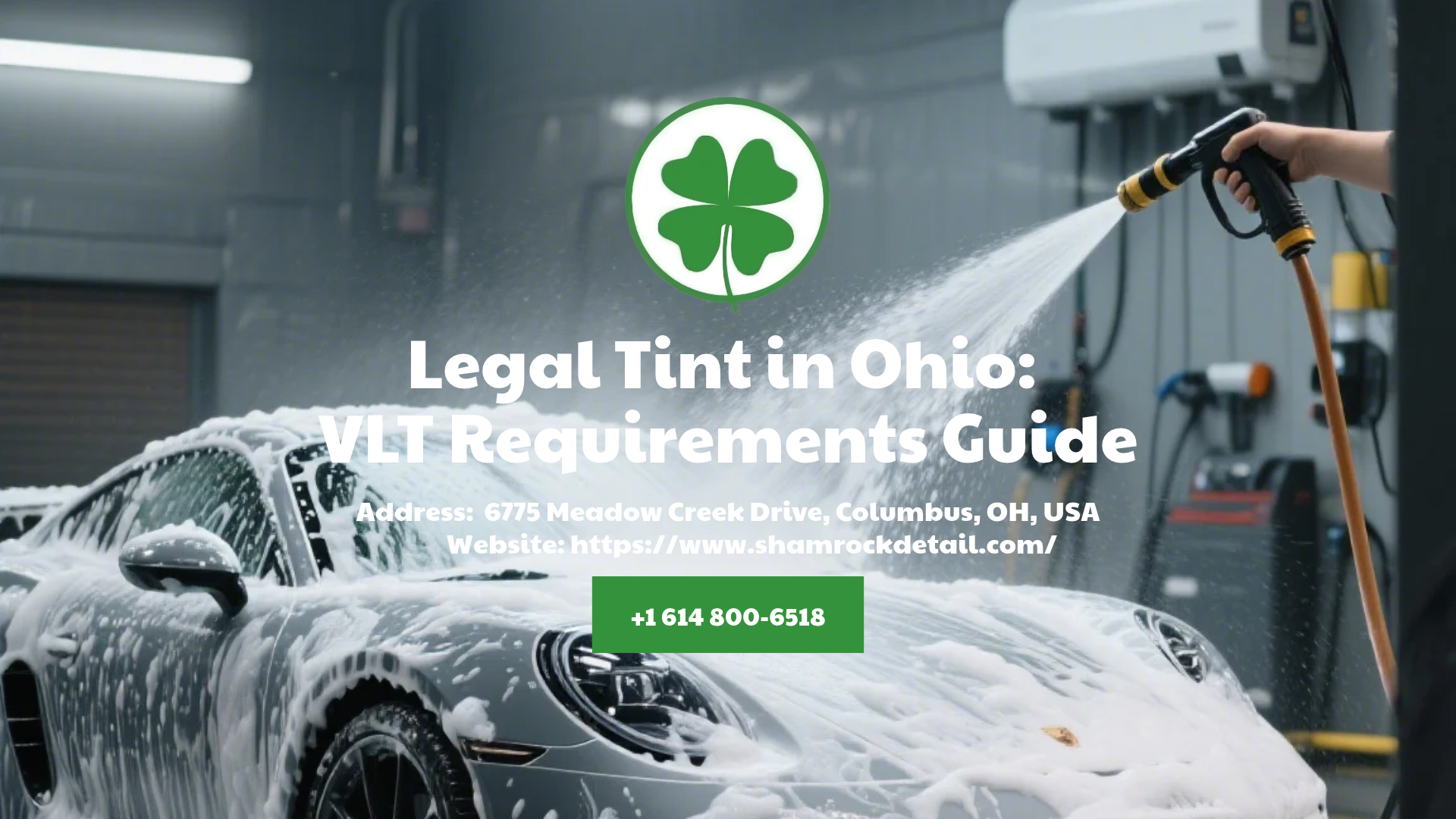 Tinted car wash ad with green clover logo and website overlay on a soapy black car
