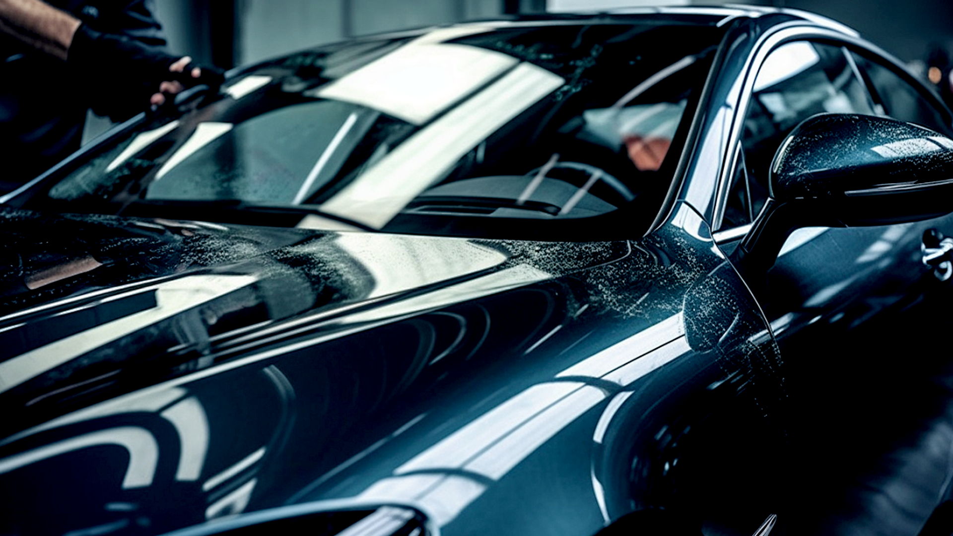 Glossy black sports car close-up with bright reflections on the hood and windshield