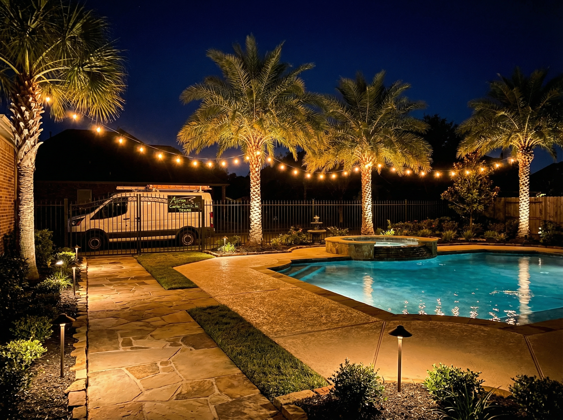 Professional outdoor electrical installation with landscape lighting and outlets in Houston backyard
