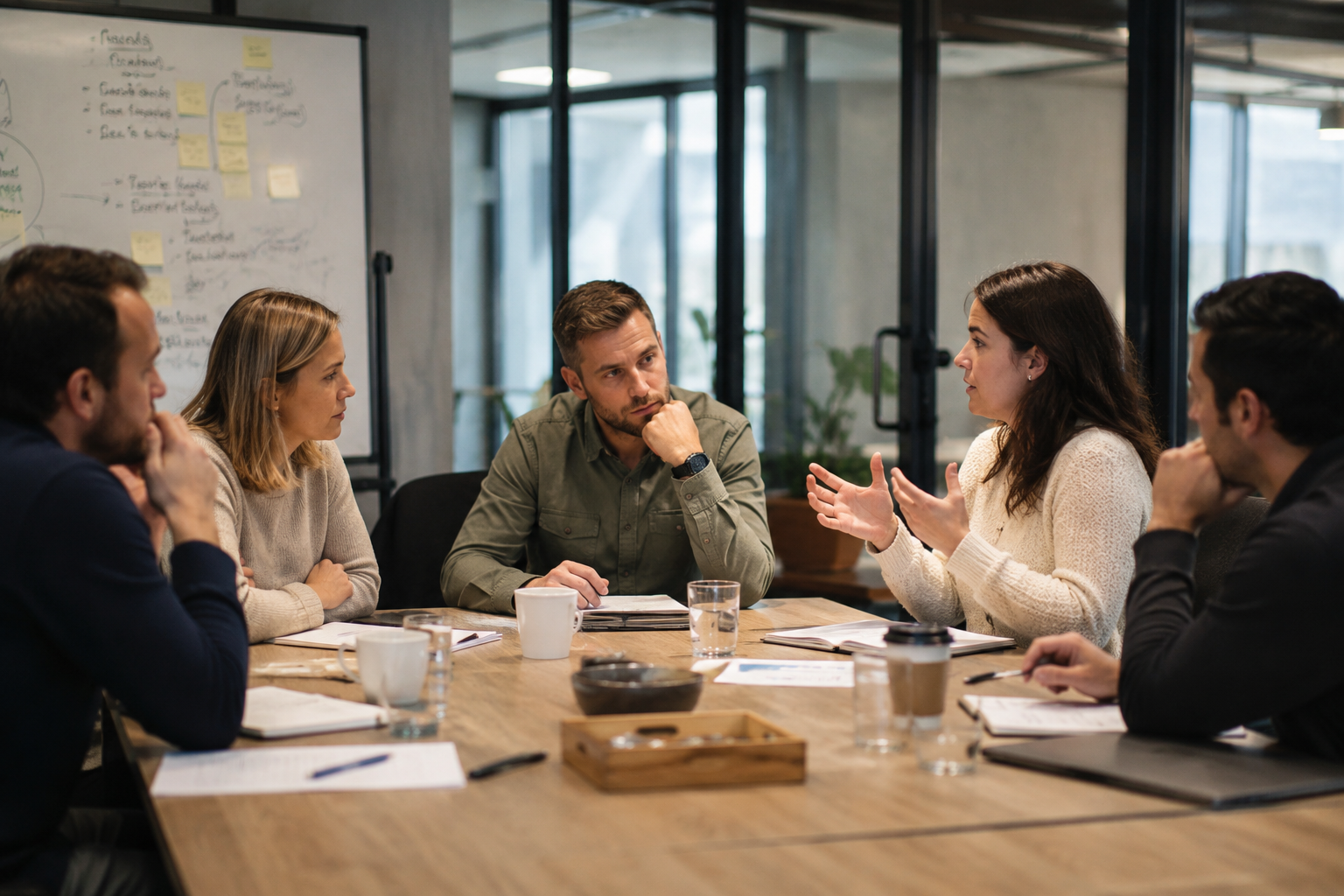 Een team zit rond een vergadertafel in gesprek terwijl één persoon spreekt en de anderen aandachtig 