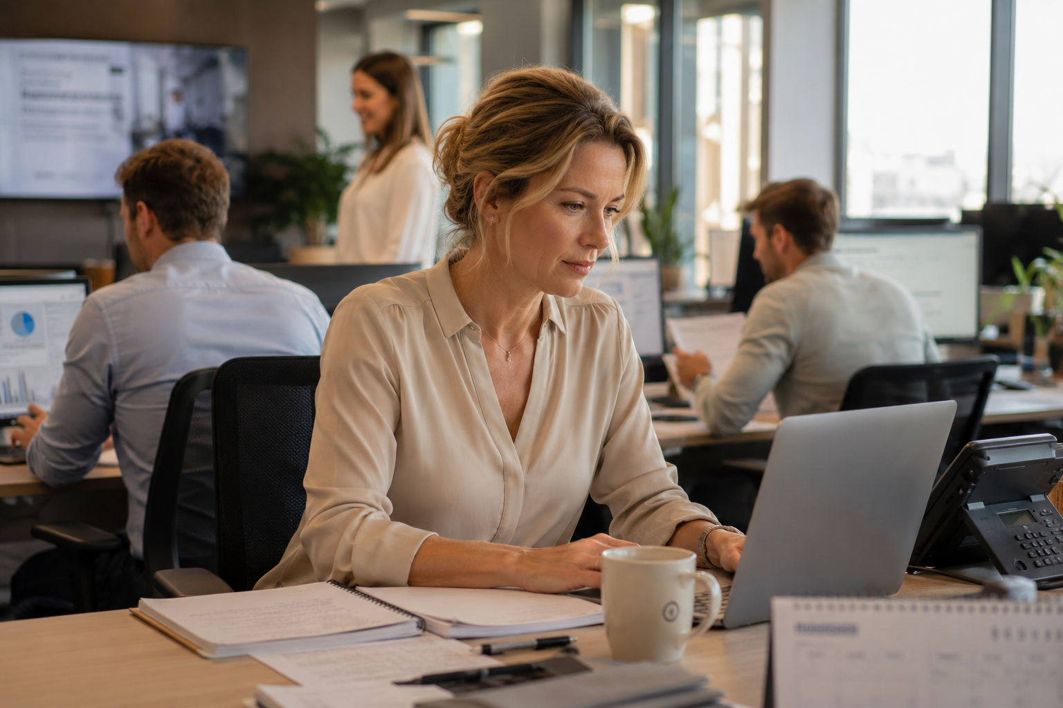 Woman working on a laptop at a desk in a busy office, with papers and a coffee mug nearby.