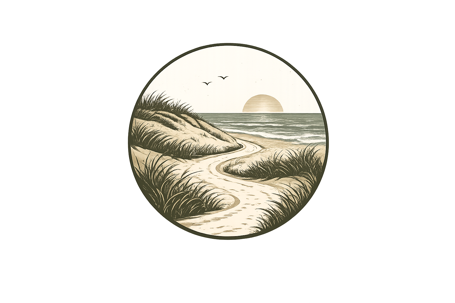 Een cirkelvormig kustlandschap met zandduinen, strandgras, een kalme zee en een laagstaande zon in een sepia-getinte scène.