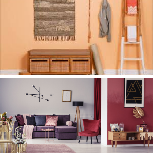 A living room with a purple couch and a red chair