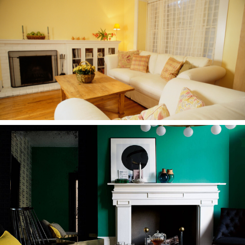 A living room with green walls and a fireplace