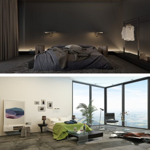 A bedroom with a bed and a living room with a large window
