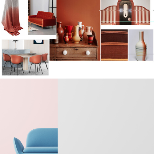 A collage of pictures of furniture and vases including a blue couch