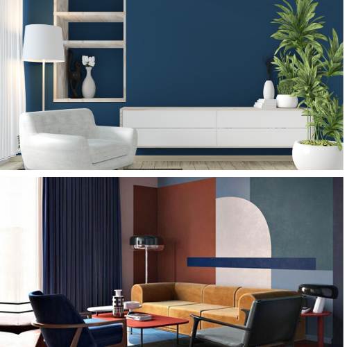Two pictures of a living room with a couch and chairs