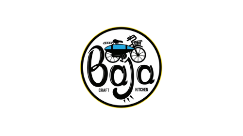 A logo for a company called baja with a horse drawn carriage on it.