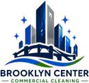 Brooklyn Center Commercial Cleaning logo with modern skyline, bridge design, and sparkling accents representing professional janitorial services in Brooklyn Center, MN