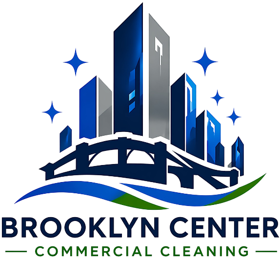 Brooklyn Center Commercial Cleaning logo with modern skyline, bridge design, and sparkling accents representing professional janitorial services in Brooklyn Center, MN
