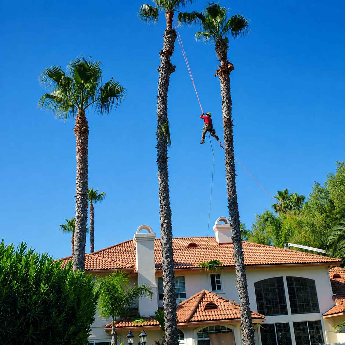 A worker in red climbs a rope beside tall palm trees over a stucco house under a bright blue sky.