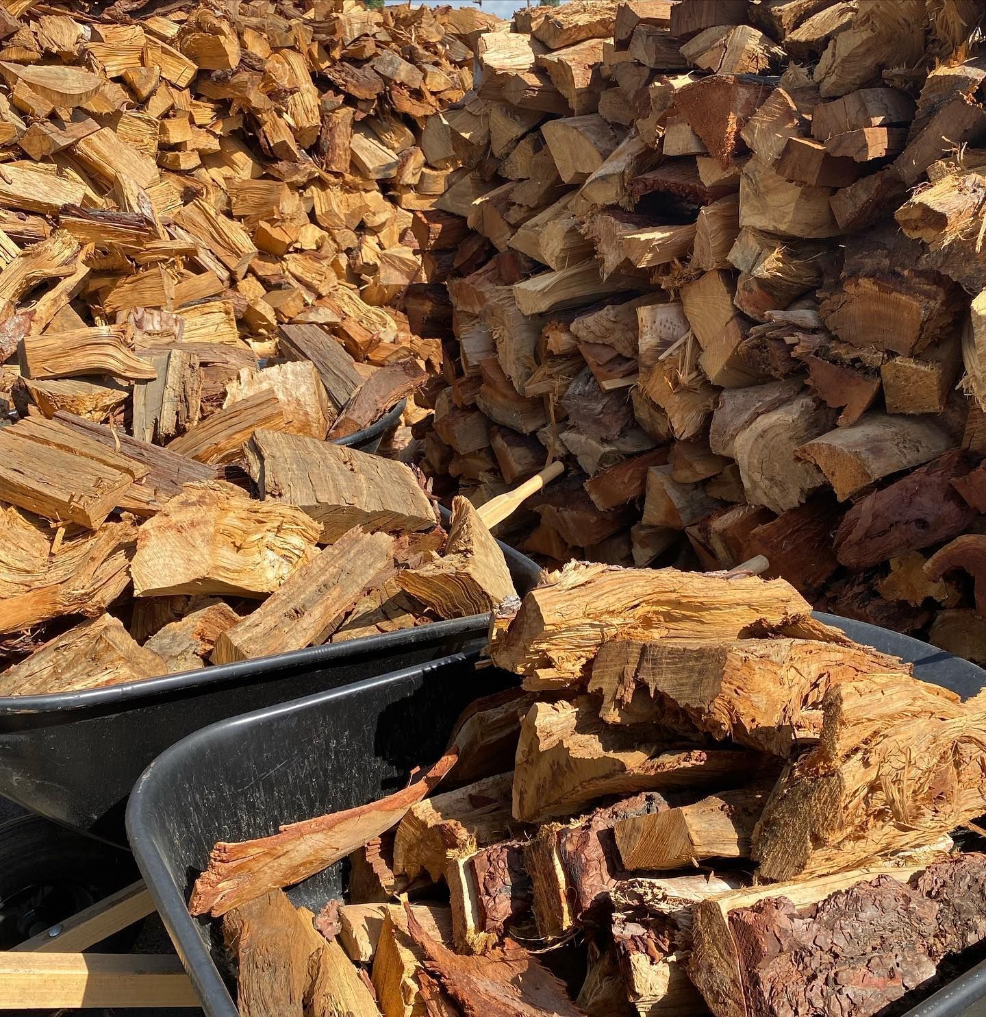 Piles of chopped firewood stacked beside a black wheelbarrow outdoors