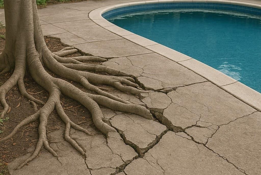 Tree roots cracking a concrete pool deck beside blue water