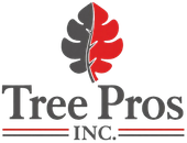 Tree Pros Inc. logo with black and red leaf above the company name and red underline accents