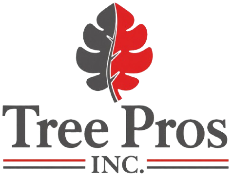 Tree Pros Inc. logo with black and red leaf above the company name and red underline accents