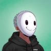 Cartoon character wearing white smiling mask and black hoodie on green background