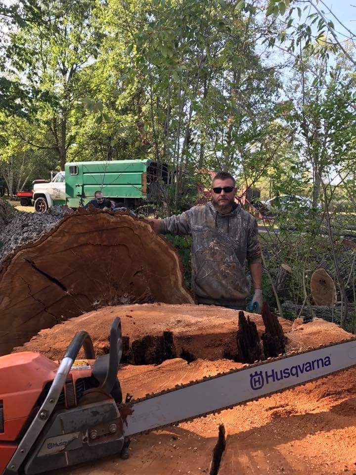 Man beside a huge tree stump with a Husqvarna chainsaw in the foreground and a truck in the background