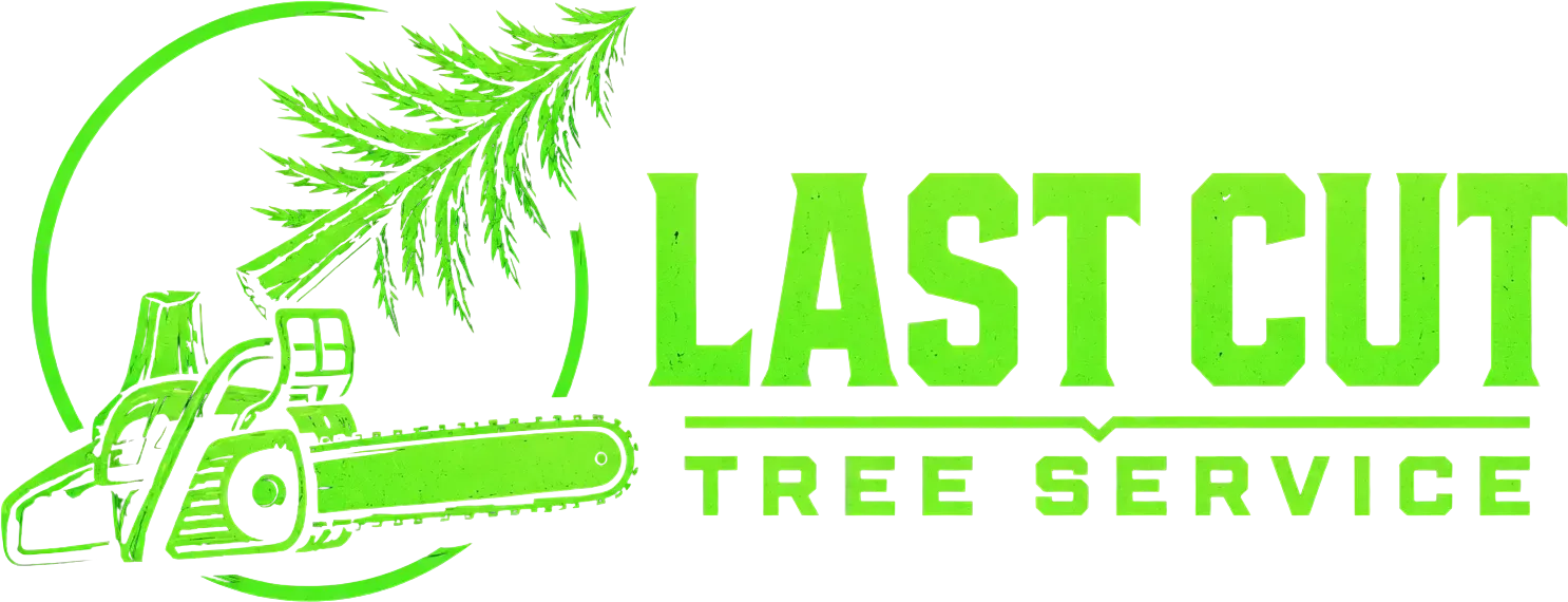 Bright green logo for Last Cut Tree Service with a chainsaw and pine branch