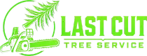 Bright green logo for Last Cut Tree Service with a chainsaw and pine branch