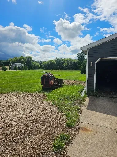 Backyard with green lawn, gravel driveway, and a garage under a bright blue sky with clouds